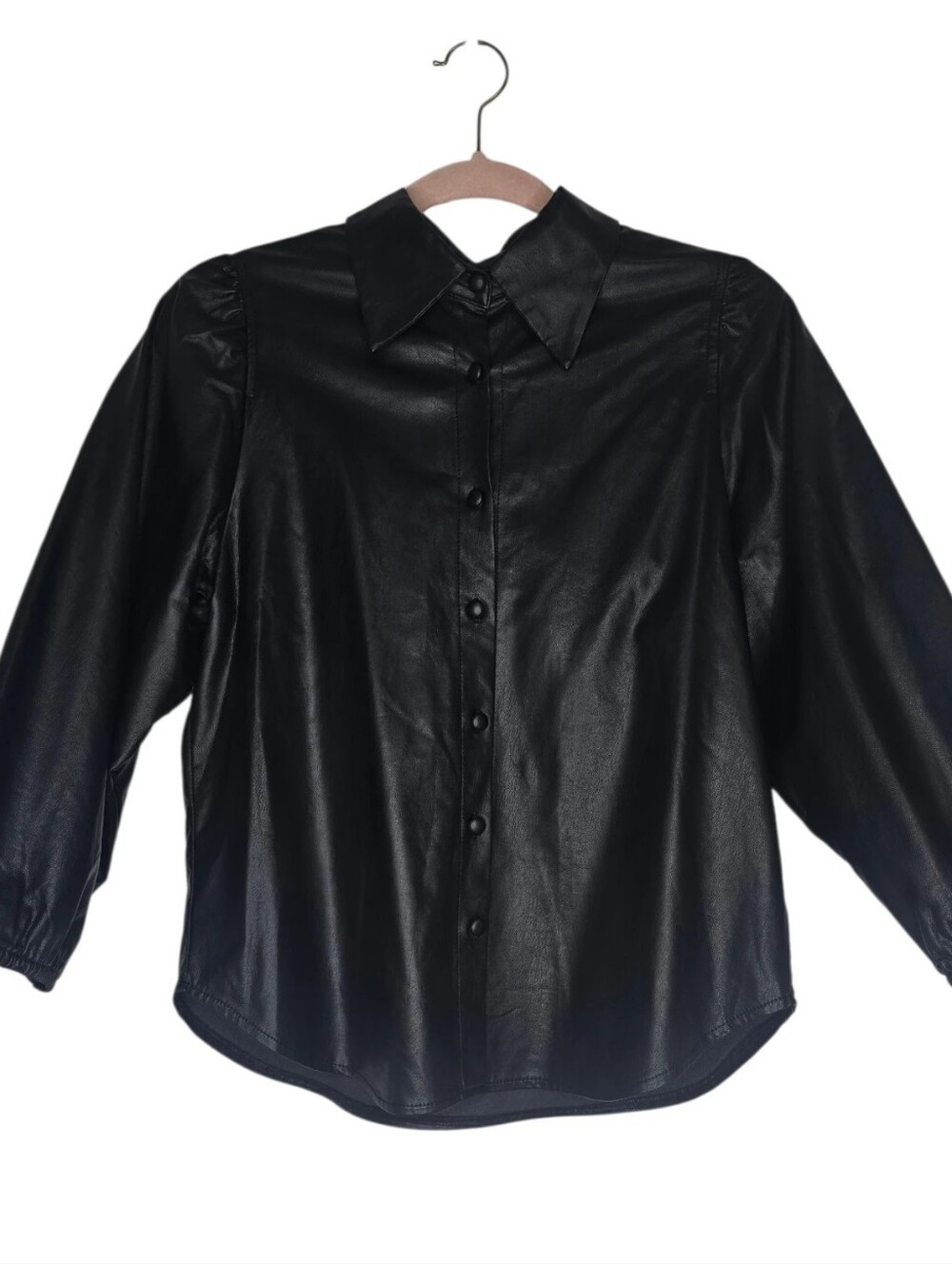 DeLuc Black Faux Leather Puff Sleeve Button Front Blouse